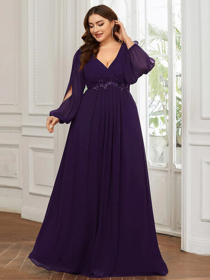 Wholesa Stylish Chiffon Plus Size Evening Dresses with Long Lantern Sleeves