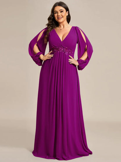 Wholesa Stylish Chiffon Plus Size Evening Dresses with Long Lantern Sleeves