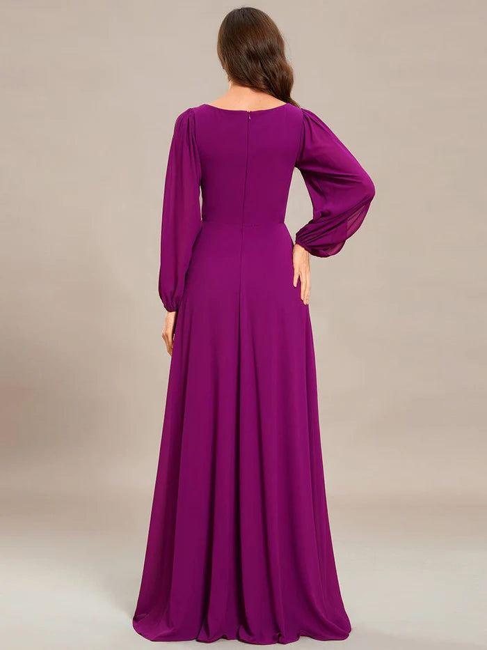 Wholesa V-Neck Long Sleeve Applique A-Line Chiffon Evening Dress