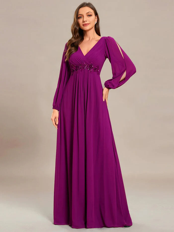 Wholesa V-Neck Long Sleeve Applique A-Line Chiffon Evening Dress