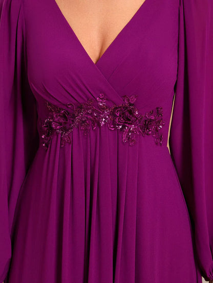 Wholesa V-Neck Long Sleeve Applique A-Line Chiffon Evening Dress