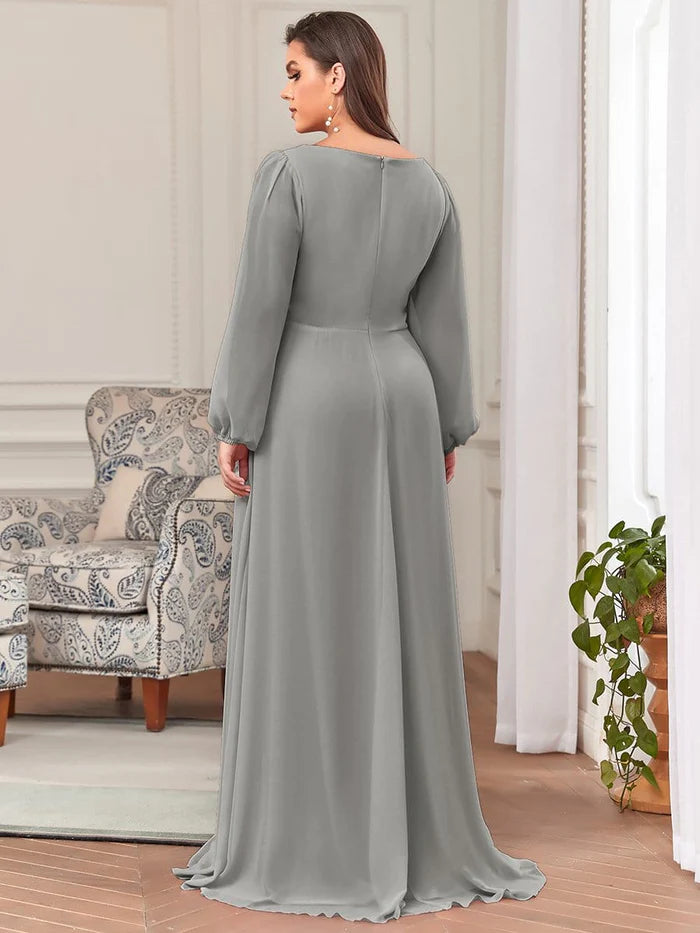 Wholesa Deep V Neck Long Wedding Guest Dress with Long Sleeves