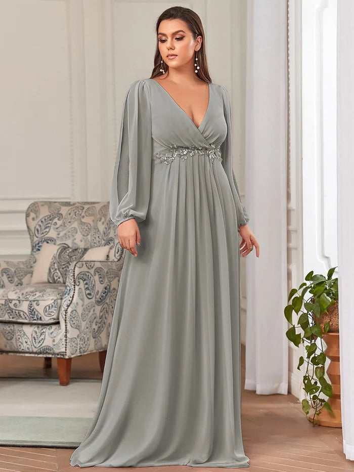 Wholesa Deep V Neck Long Wedding Guest Dress with Long Sleeves