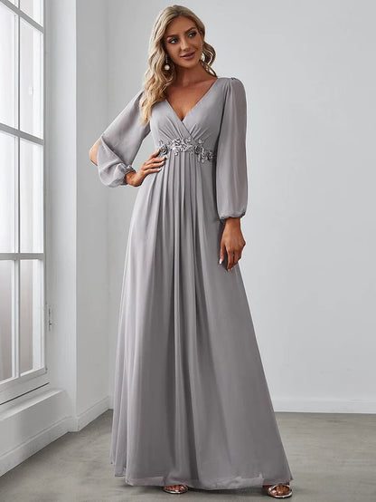 Wholesa Deep V Neck Long Wedding Guest Dress with Long Sleeves