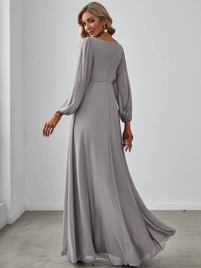 Wholesa Deep V Neck Long Wedding Guest Dress with Long Sleeves