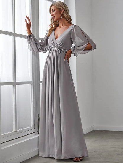 Wholesa Deep V Neck Long Wedding Guest Dress with Long Sleeves