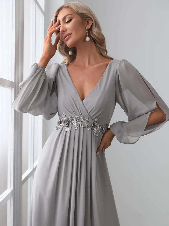 Wholesa Deep V Neck Long Wedding Guest Dress with Long Sleeves