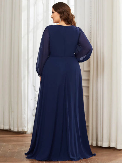 Wholesa Stylish Chiffon Plus Size Evening Dresses with Long Lantern Sleeves