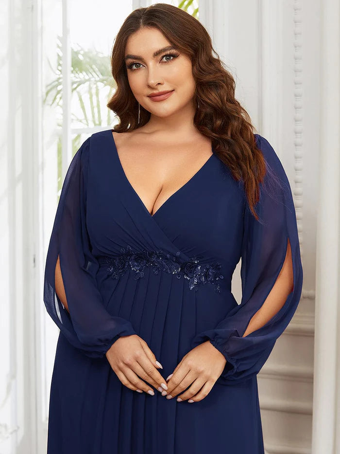 Wholesa Stylish Chiffon Plus Size Evening Dresses with Long Lantern Sleeves