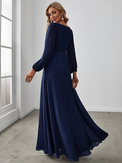 Wholesa Elegant Chiffon V-Neckline Long Sleeve Formal Evening Dress