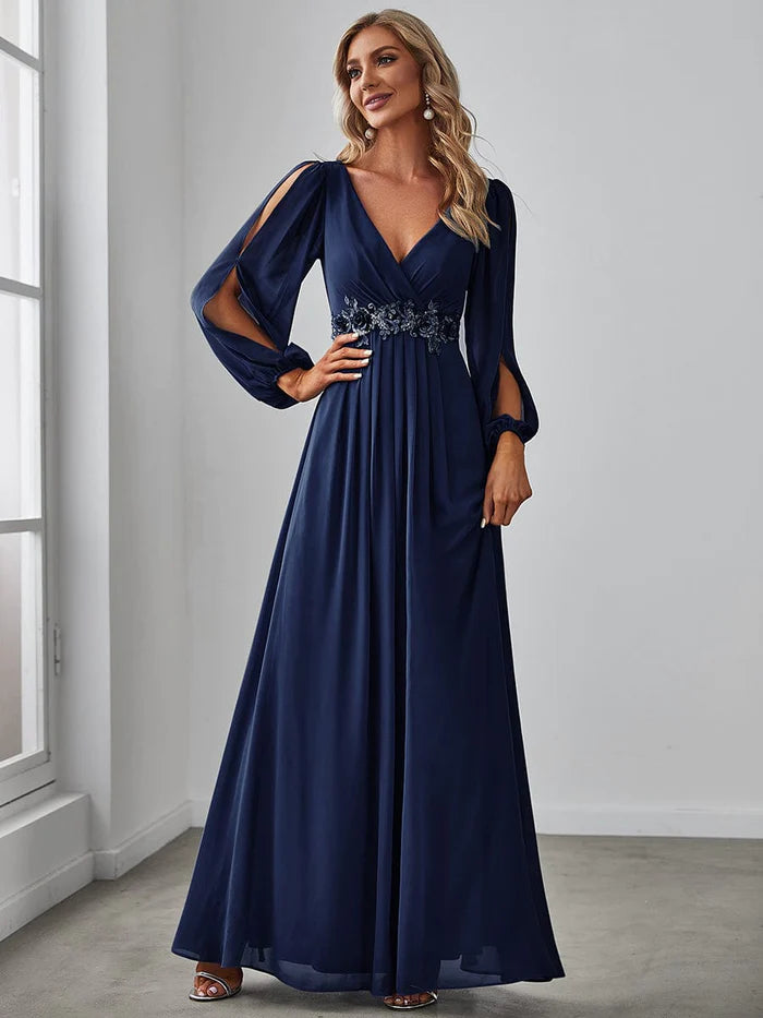 Wholesa Elegant Chiffon V-Neckline Long Sleeve Formal Evening Dress