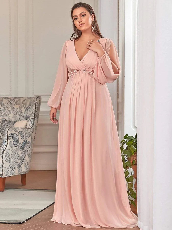 Wholesa Lantern Long Slit Sleeve Deep V Applique Maxi Evening Dress