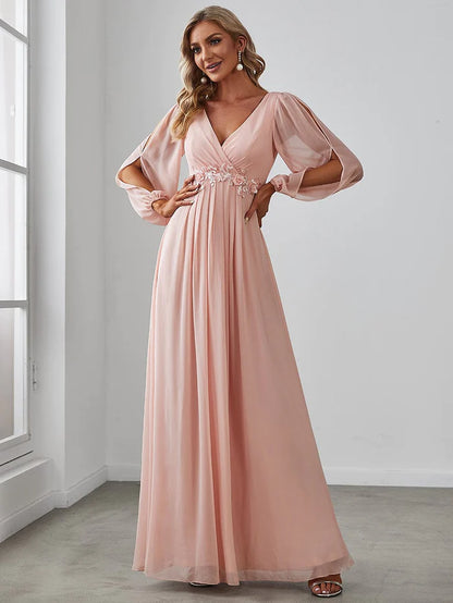 Wholesa Lantern Long Slit Sleeve Deep V Applique Maxi Evening Dress