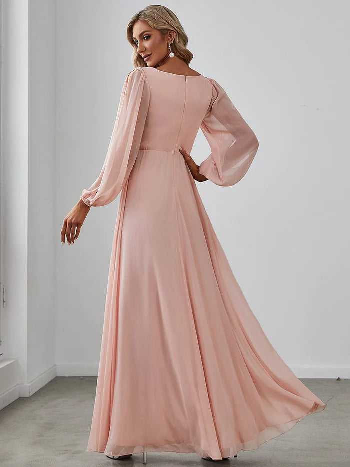 Wholesa Lantern Long Slit Sleeve Deep V Applique Maxi Evening Dress