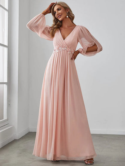 Wholesa Lantern Long Slit Sleeve Deep V Applique Maxi Evening Dress