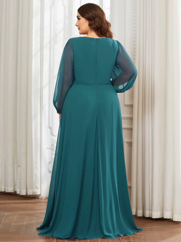 Wholesa Stylish Chiffon Plus Size Evening Dresses with Long Lantern Sleeves