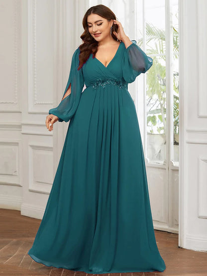 Wholesa Stylish Chiffon Plus Size Evening Dresses with Long Lantern Sleeves