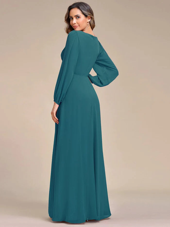 Wholesa V-Neck Long Sleeve Applique A-Line Chiffon Evening Dress