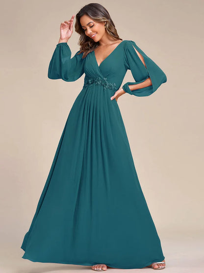 Wholesa V-Neck Long Sleeve Applique A-Line Chiffon Evening Dress