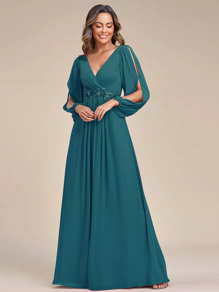 Wholesa V-Neck Long Sleeve Applique A-Line Chiffon Evening Dress