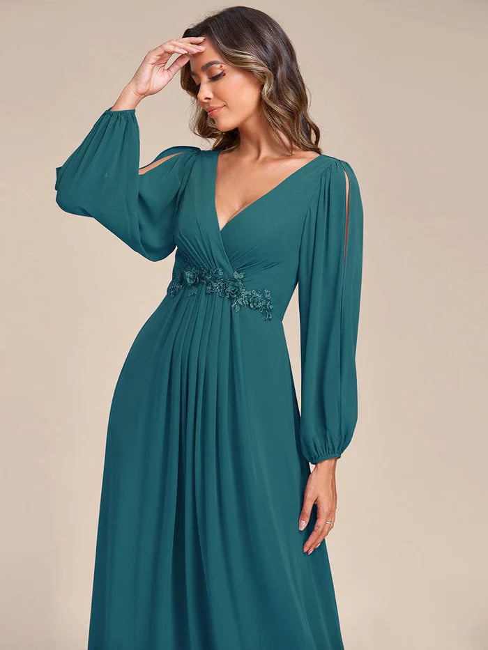 Wholesa V-Neck Long Sleeve Applique A-Line Chiffon Evening Dress