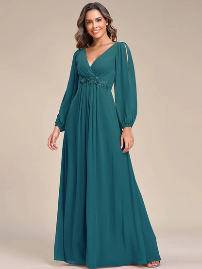 Wholesa V-Neck Long Sleeve Applique A-Line Chiffon Evening Dress