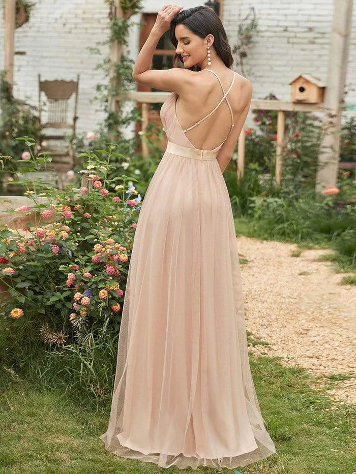 Wholesa Sexy Deep V-neck Backless Tulle Maxi Evening Dresses