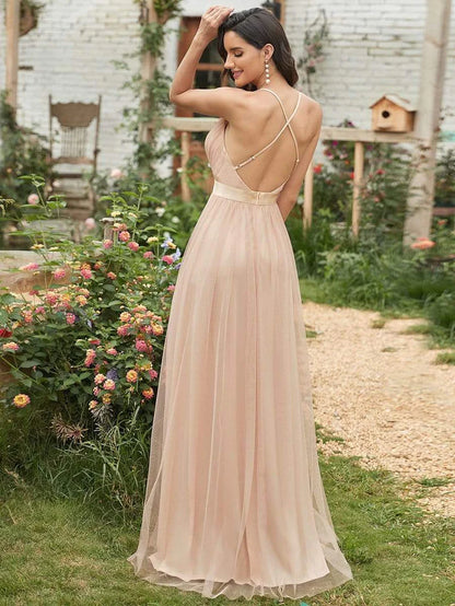 Wholesa Sexy Deep V-neck Backless Tulle Maxi Evening Dresses