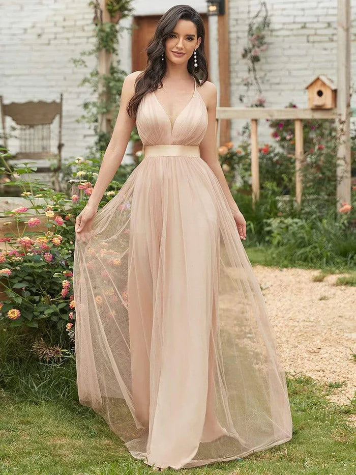 Wholesa Sexy Deep V-neck Backless Tulle Maxi Evening Dresses