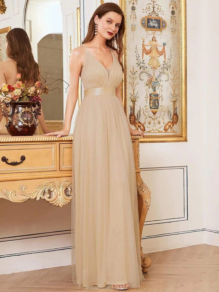 Wholesa Sexy Deep V-neck Backless Tulle Maxi Evening Dresses