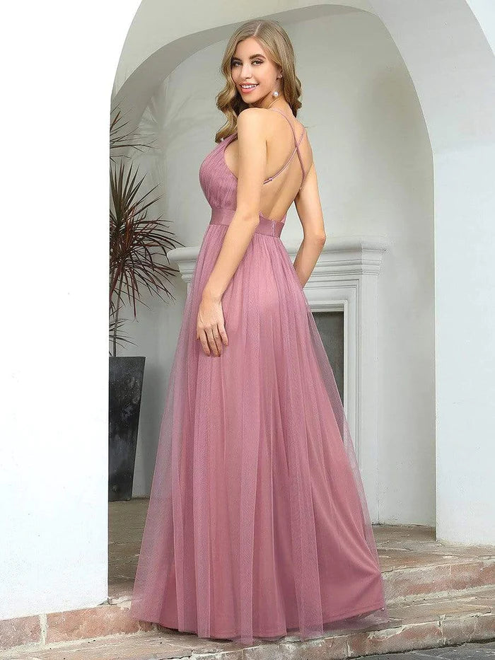 Wholesa Sexy Deep V-neck Backless Tulle Maxi Evening Dresses