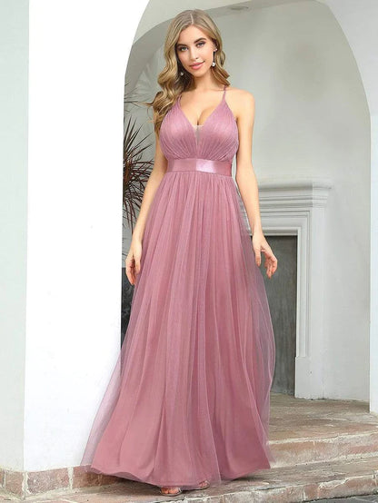 Wholesa Sexy Deep V-neck Backless Tulle Maxi Evening Dresses