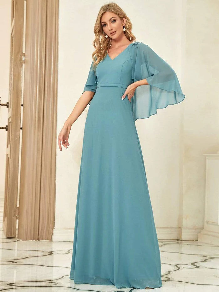 Wholesa Elegant V Neck Flowy Chiffon Bridesmaid Dresses with Wraps