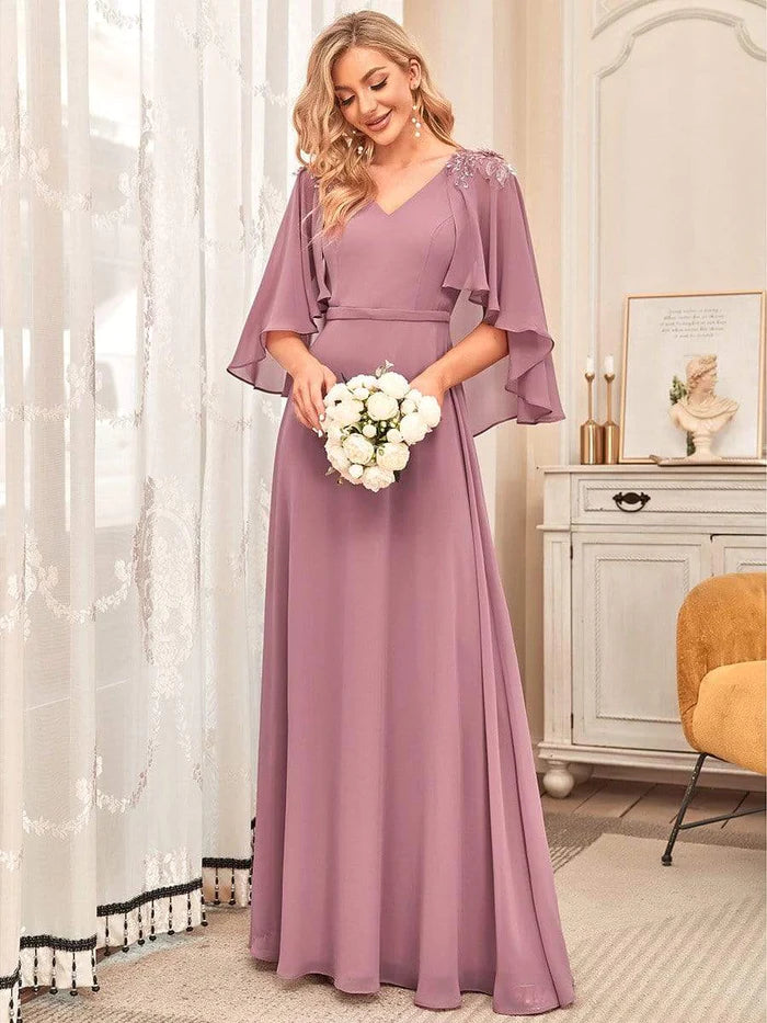 Wholesa Elegant V Neck Flowy Chiffon Bridesmaid Dresses with Wraps