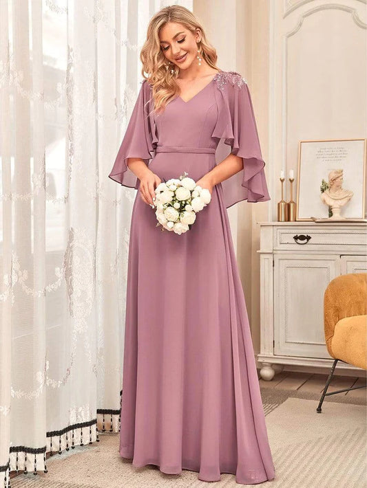 Wholesa Elegant V Neck Flowy Chiffon Bridesmaid Dresses with Wraps