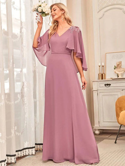 Wholesa Elegant V Neck Flowy Chiffon Bridesmaid Dresses with Wraps