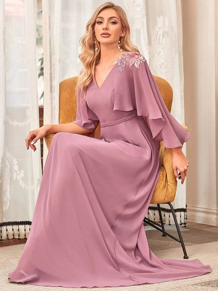 Wholesa Elegant V Neck Flowy Chiffon Bridesmaid Dresses with Wraps