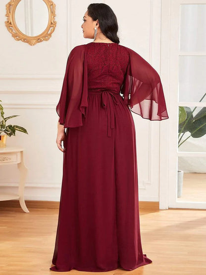 Wholesa Elegant Maxi V Neck Chiffon Wedding Guest Dress with Sleeves