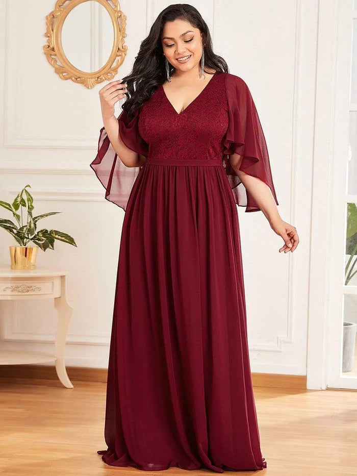 Wholesa Elegant Maxi V Neck Chiffon Wedding Guest Dress with Sleeves