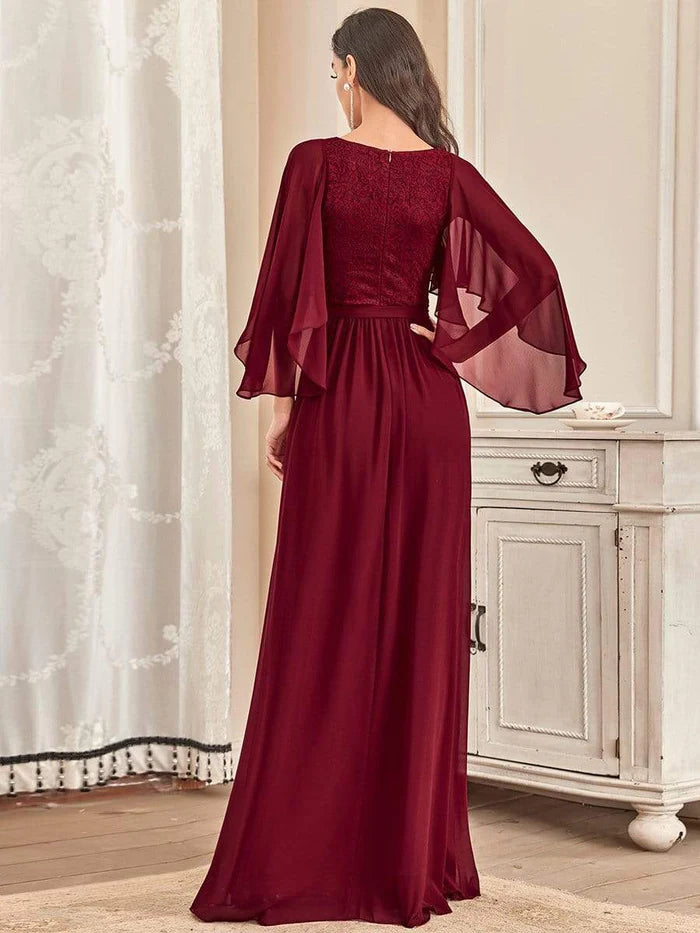 Wholesa Elegant Maxi V Neck Chiffon Wedding Guest Dress with Sleeves