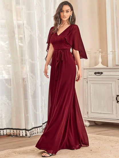 Wholesa Elegant Maxi V Neck Chiffon Wedding Guest Dress with Sleeves