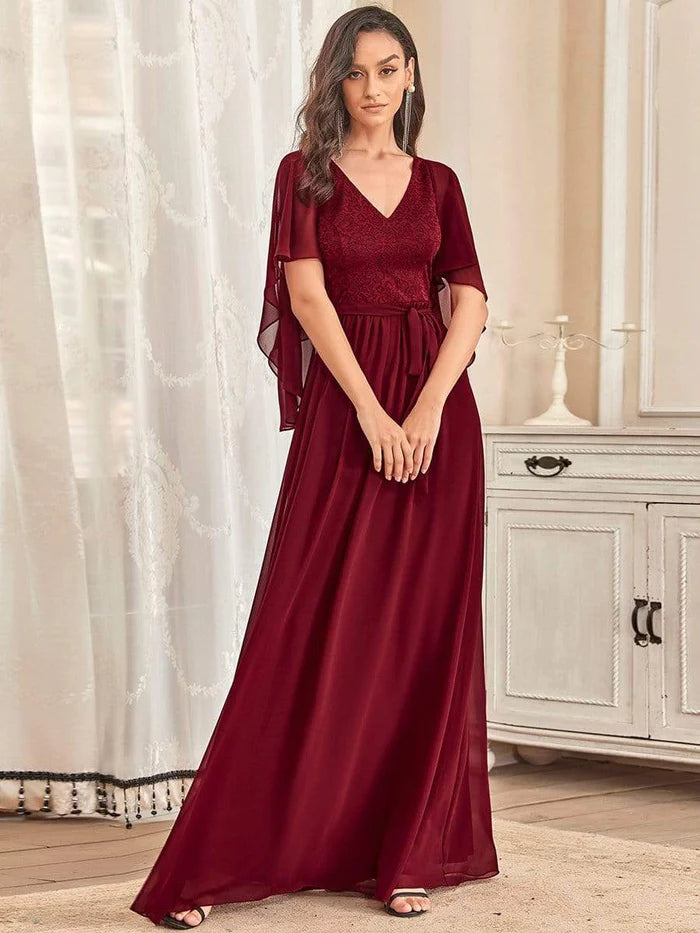 Wholesa Elegant Maxi V Neck Chiffon Wedding Guest Dress with Sleeves