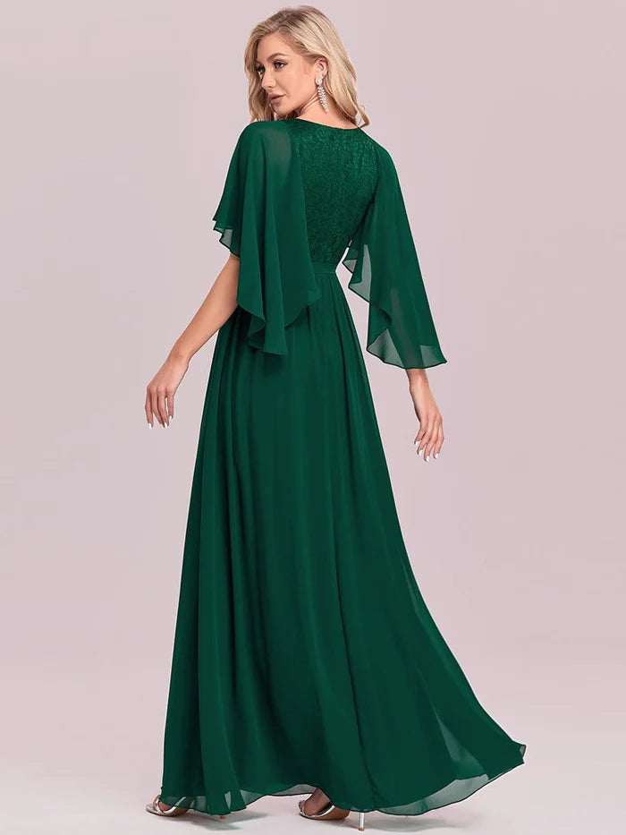 Wholesa Elegant Maxi V Neck Chiffon Wedding Guest Dress with Sleeves