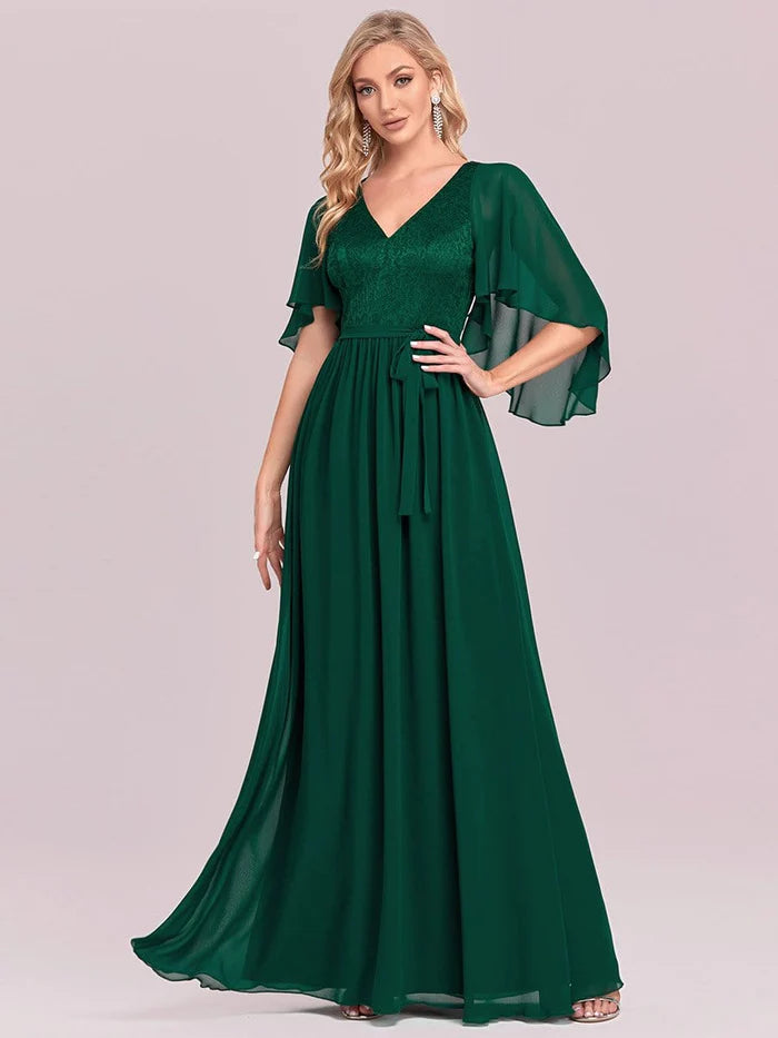 Wholesa Elegant Maxi V Neck Chiffon Wedding Guest Dress with Sleeves