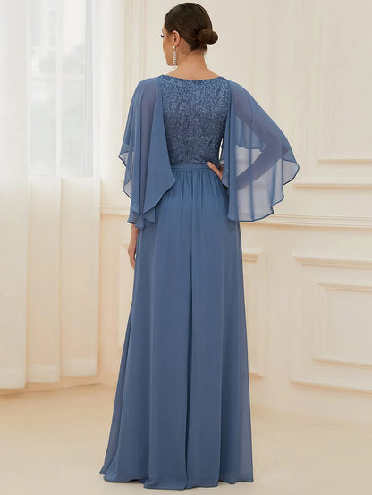 Wholesa Elegant Maxi V Neck Chiffon Wedding Guest Dress with Sleeves