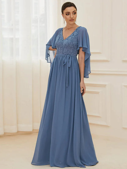 Wholesa Elegant Maxi V Neck Chiffon Wedding Guest Dress with Sleeves