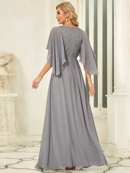 Wholesa Elegant Maxi V Neck Chiffon Wedding Guest Dress with Sleeves