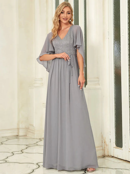 Wholesa Elegant Maxi V Neck Chiffon Wedding Guest Dress with Sleeves