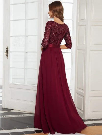 Wholesa Elegant Round Neckline 3/4 Sleeve Sequins Patchwork Evening Dress