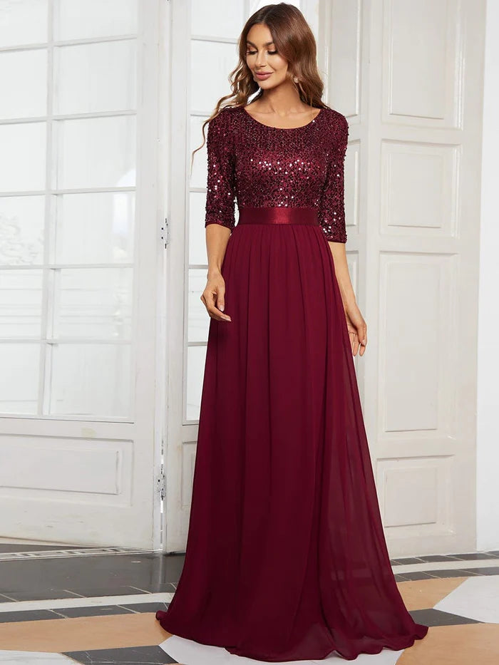 Wholesa Elegant Round Neckline 3/4 Sleeve Sequins Patchwork Evening Dress